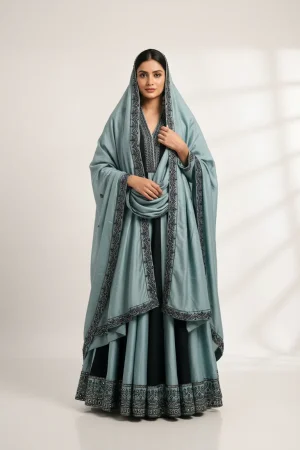 Handworked Embroidered Art Silk Anarkali Suit in Blue and Black