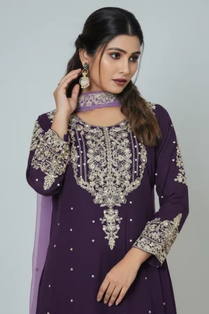 Royal Purple Embroidered Kurta Palazzo Set with Dupatta