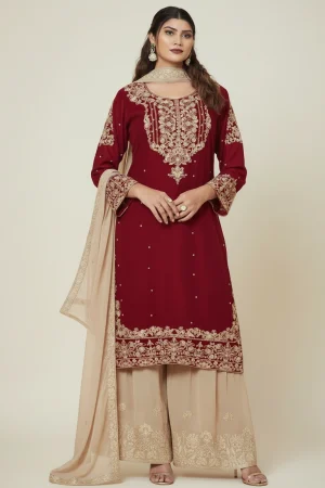 Maroon Embroidered Georgette Kurta Palazzo Set with Dupatta