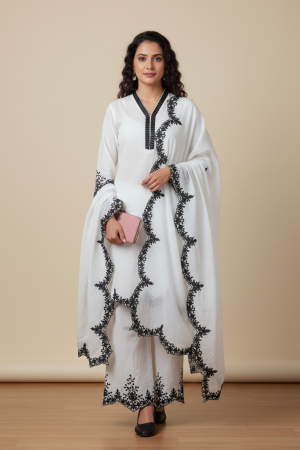 Classic White Kurta Set with Black Embroidery