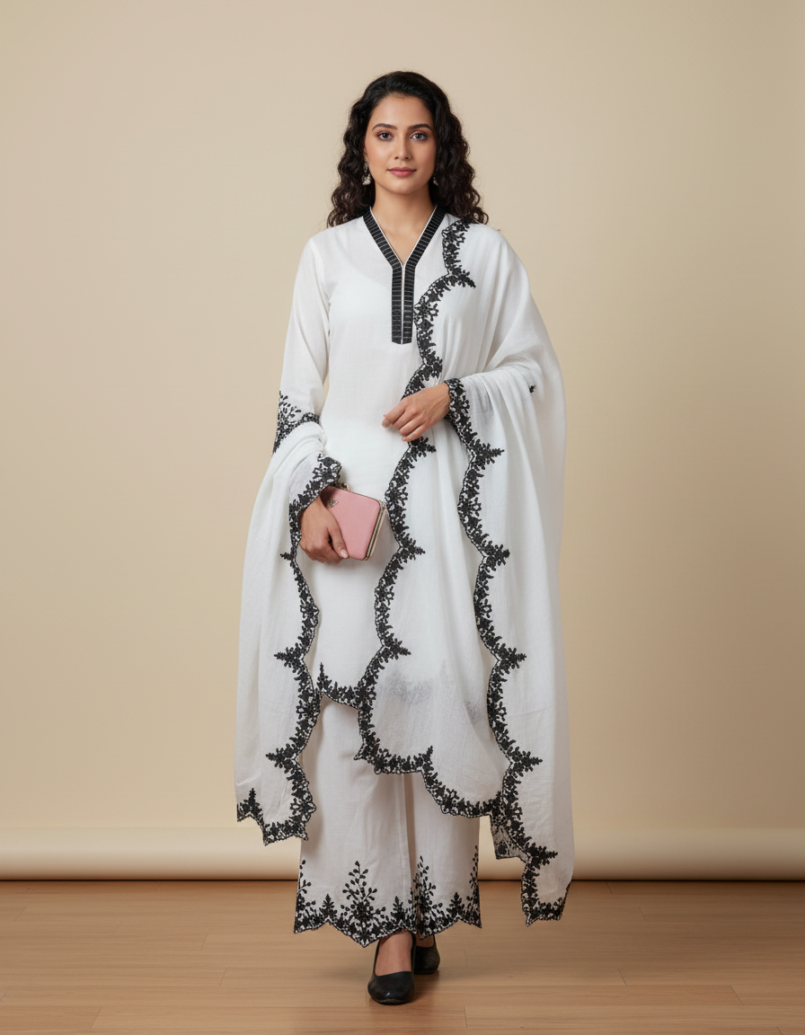 Classic White Kurta Set with Black Embroidery