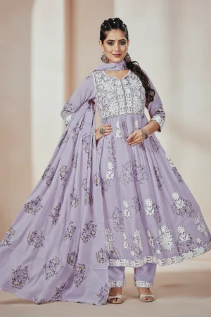Lavender Floral Printed Anarkali Kurta Set with Dupatta