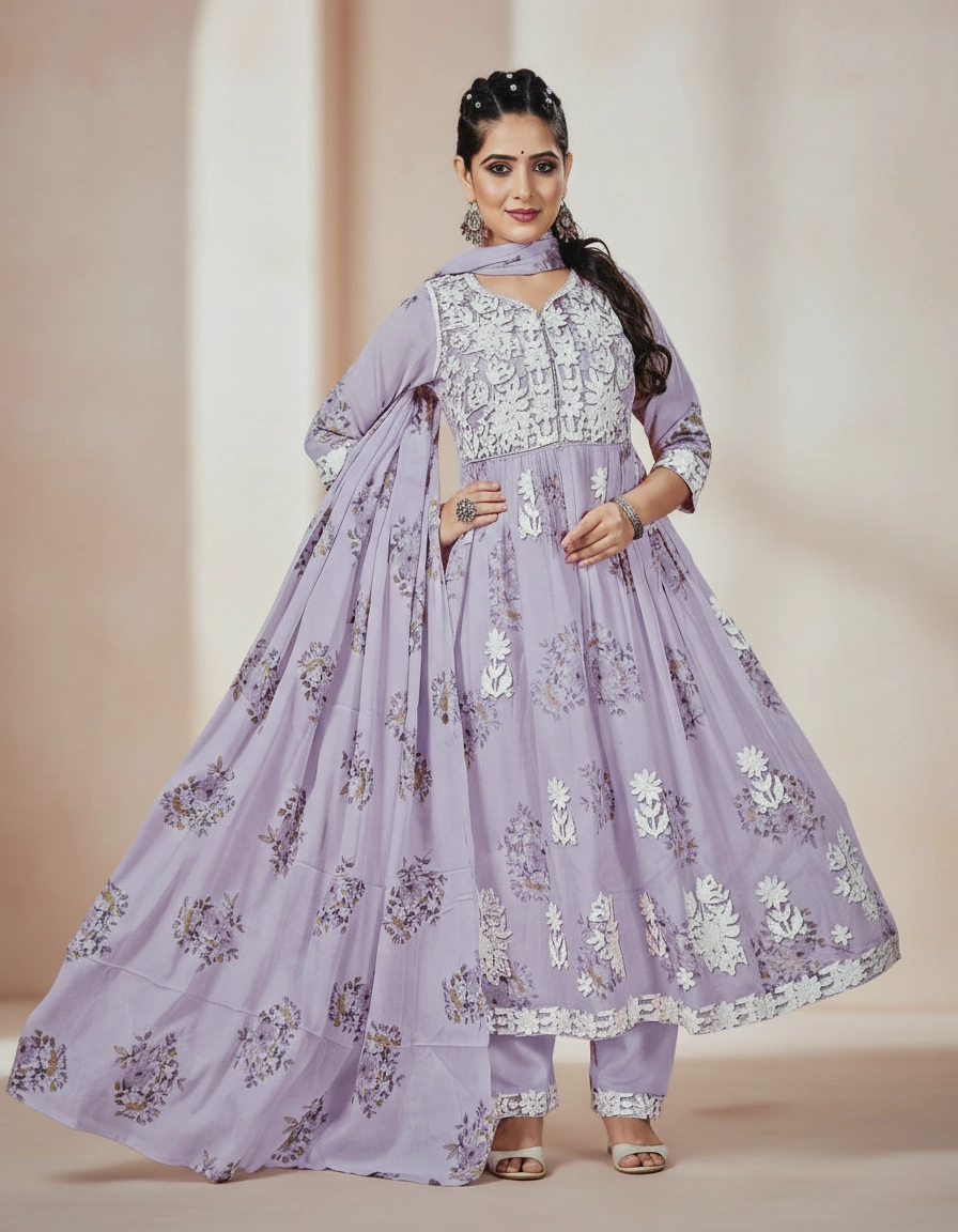 Lavender Floral Printed Anarkali Kurta Set with Dupatta