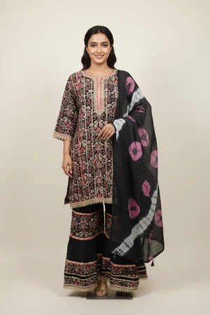 Midnight Bloom Black Printed Kurta Sharara Set with Dupatta