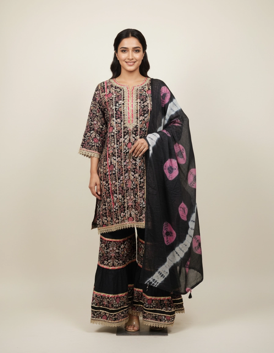 Midnight Bloom Black Printed Kurta Sharara Set with Dupatta