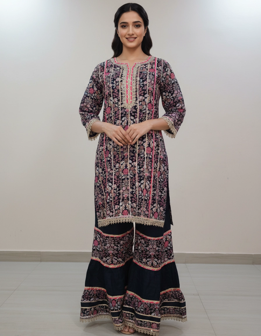 Midnight Bloom Black Printed Kurta Sharara Set with Dupatta - Image 4