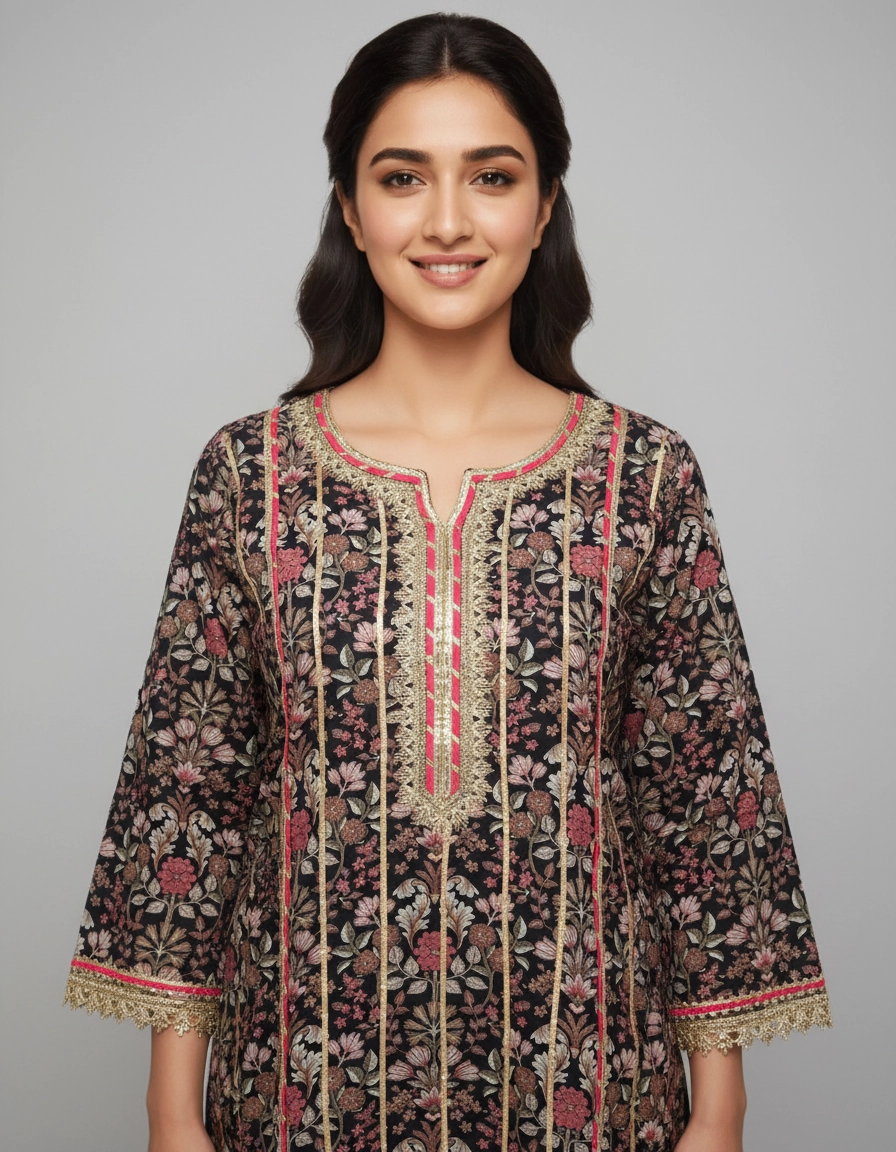 Midnight Bloom Black Printed Kurta Sharara Set with Dupatta - Image 3