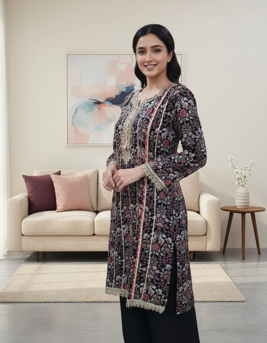 Midnight Bloom Black Printed Kurta Sharara Set with Dupatta - Image 2