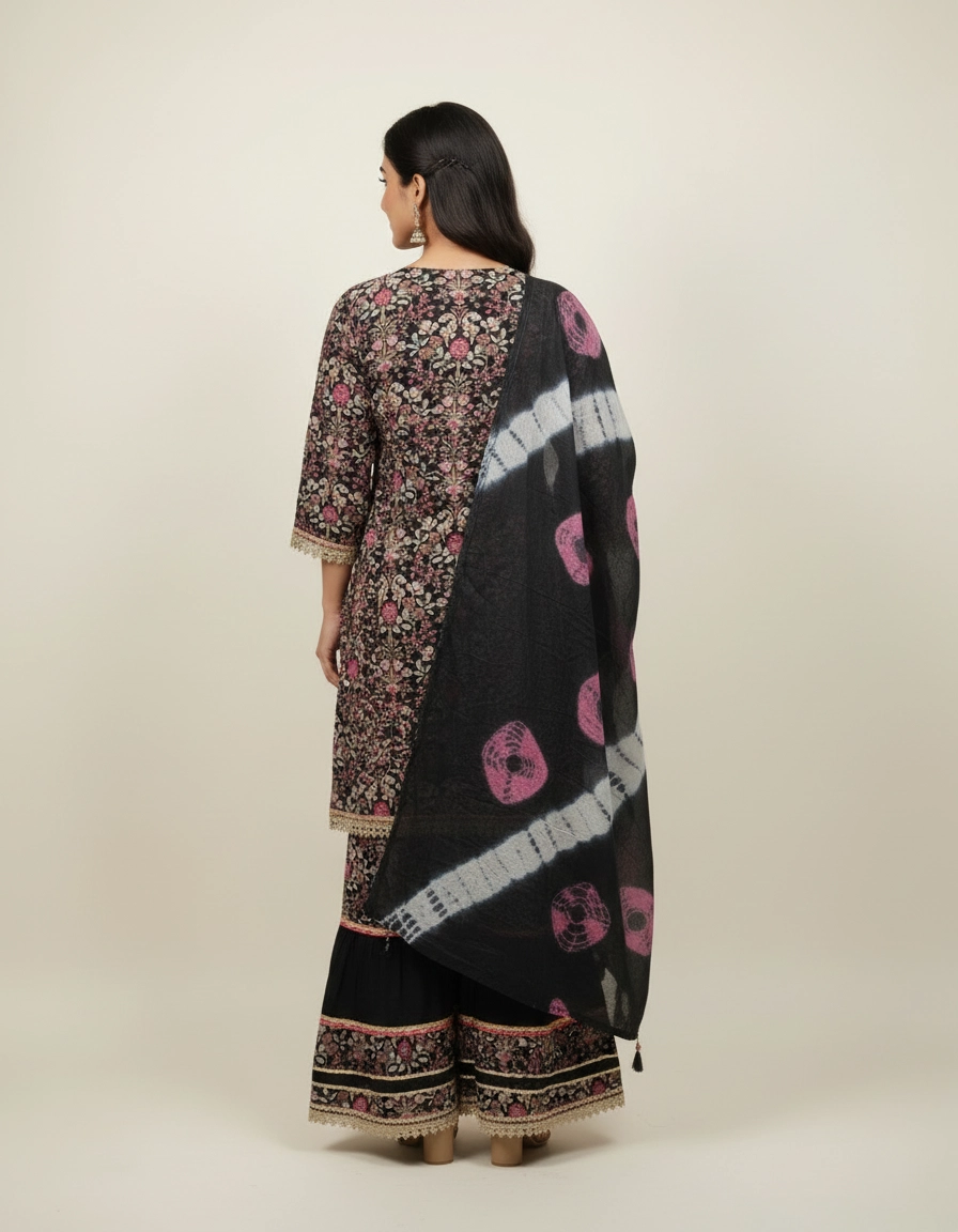 Midnight Bloom Black Printed Kurta Sharara Set with Dupatta - Image 5
