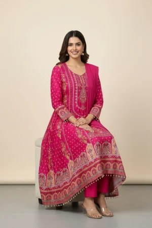 Royal Pink Printed Silk Kurta Pant Set with Matching Dupatta