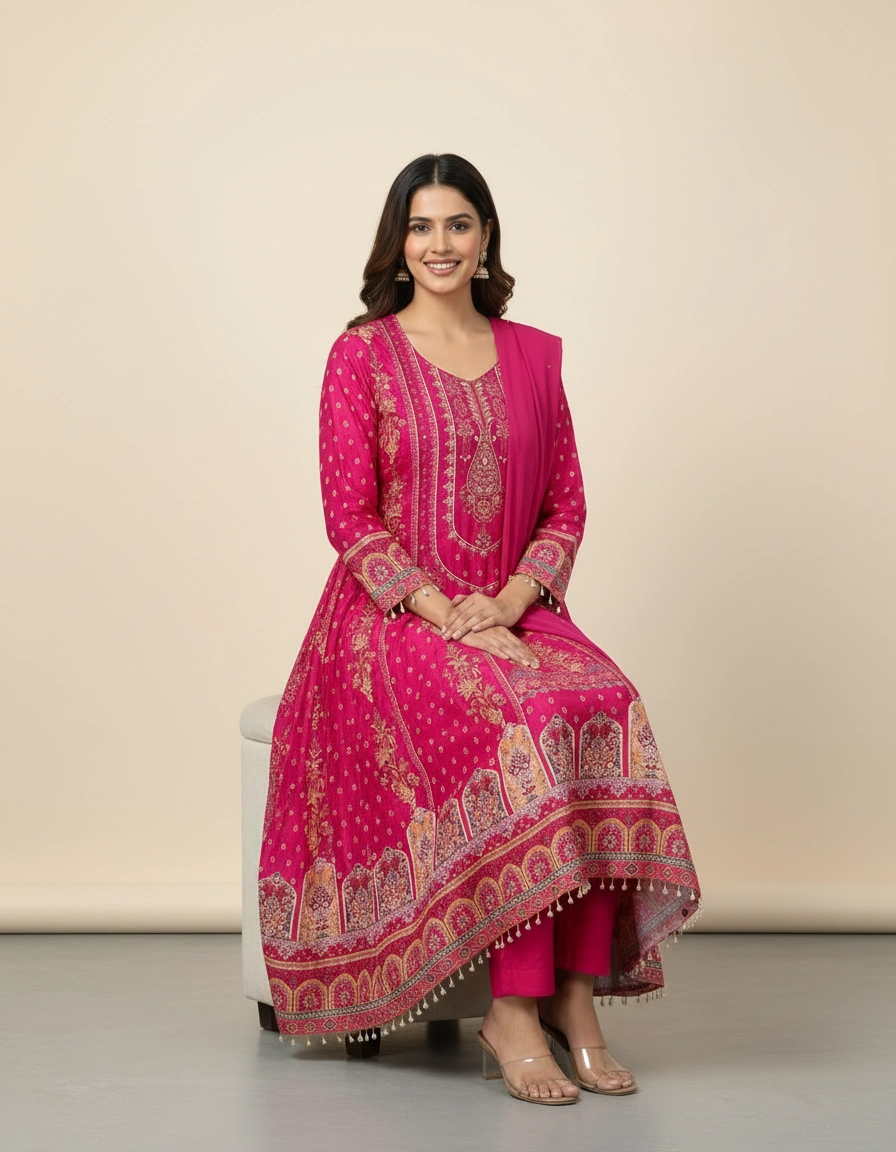 Royal Pink Printed Silk Kurta Pant Set with Matching Dupatta