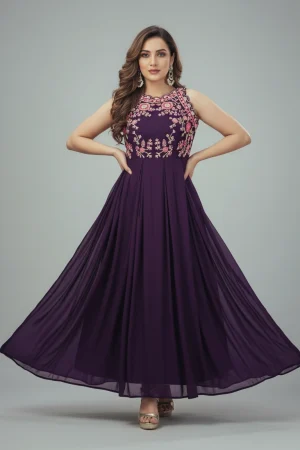 Purple Embroidered Georgette Anarkali Gown with Dupatta