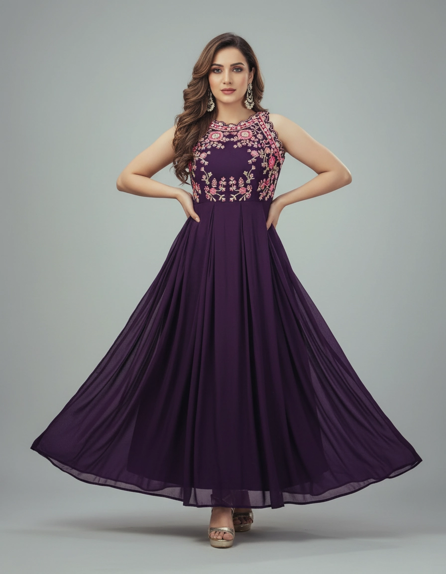 Purple Embroidered Georgette Anarkali Gown with Dupatta
