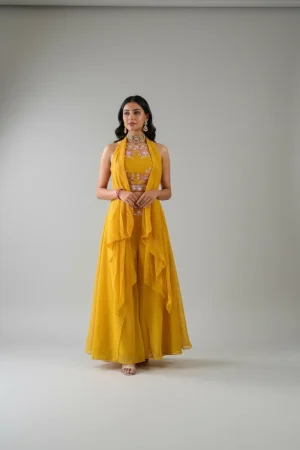 Women Yellow Georgette Halter Neck Sharara Set with Dupatta