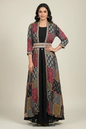 Black Dress with Printed Shrug Jacket