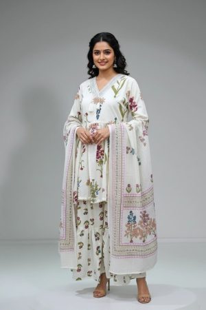 Women Ivory Floral Printed Kurta Set with Dupatta