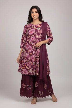 Wine Floral Printed Rayon Kurta Sharara Set with Dupatta