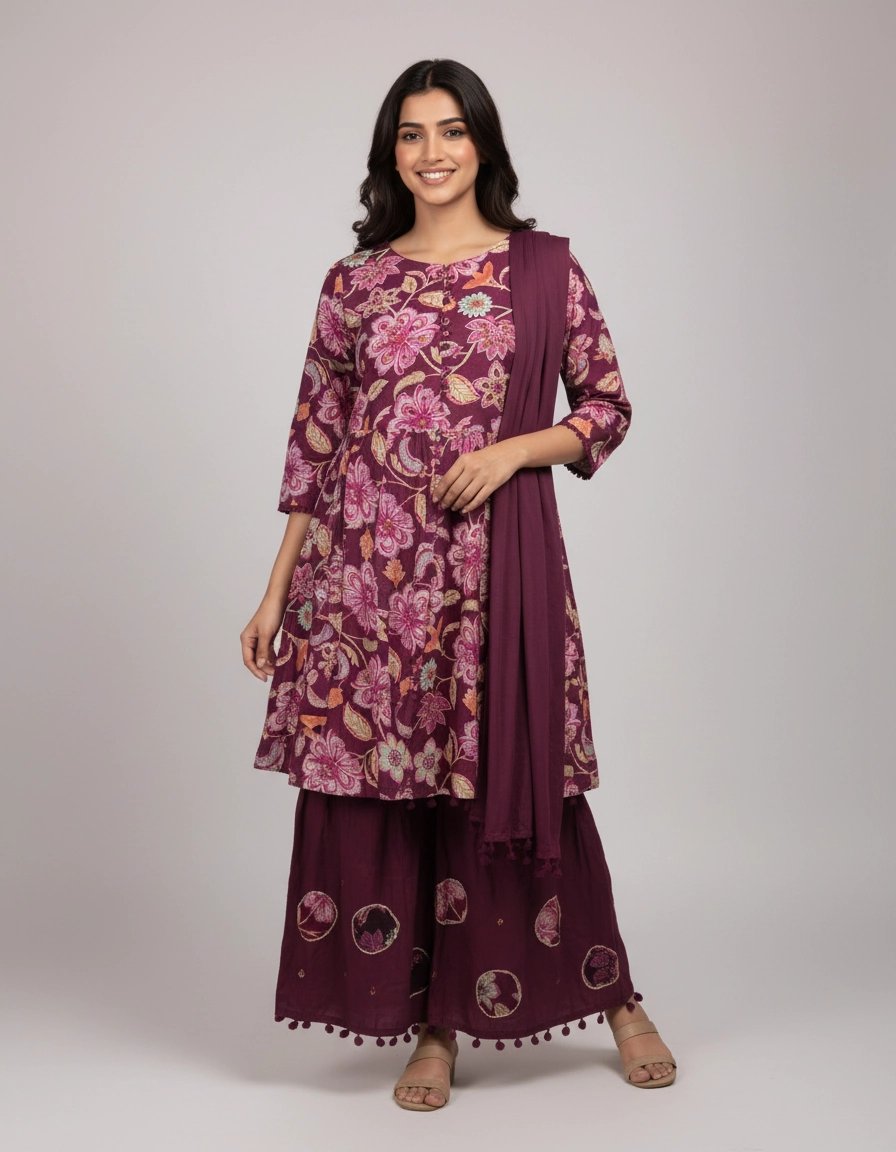 Wine Floral Printed Rayon Kurta Sharara Set with Dupatta