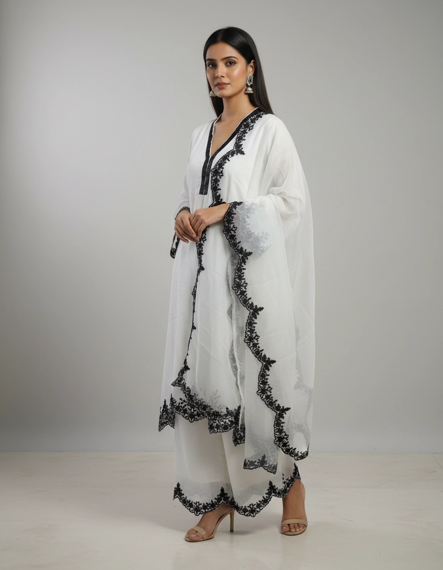 Classic White Kurta Set with Black Embroidery - Image 5