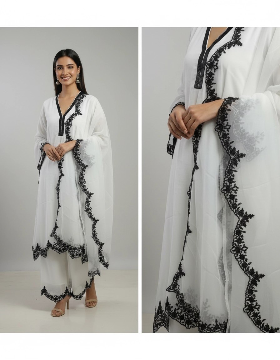 Classic White Kurta Set with Black Embroidery - Image 3