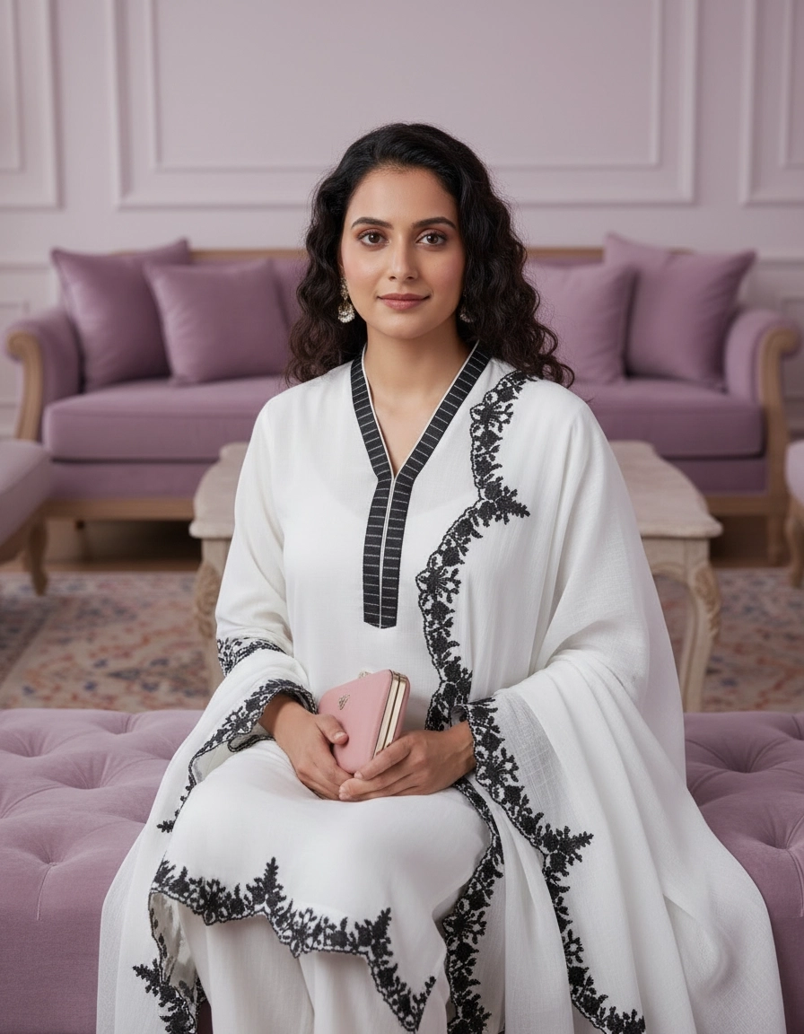 Classic White Kurta Set with Black Embroidery - Image 2