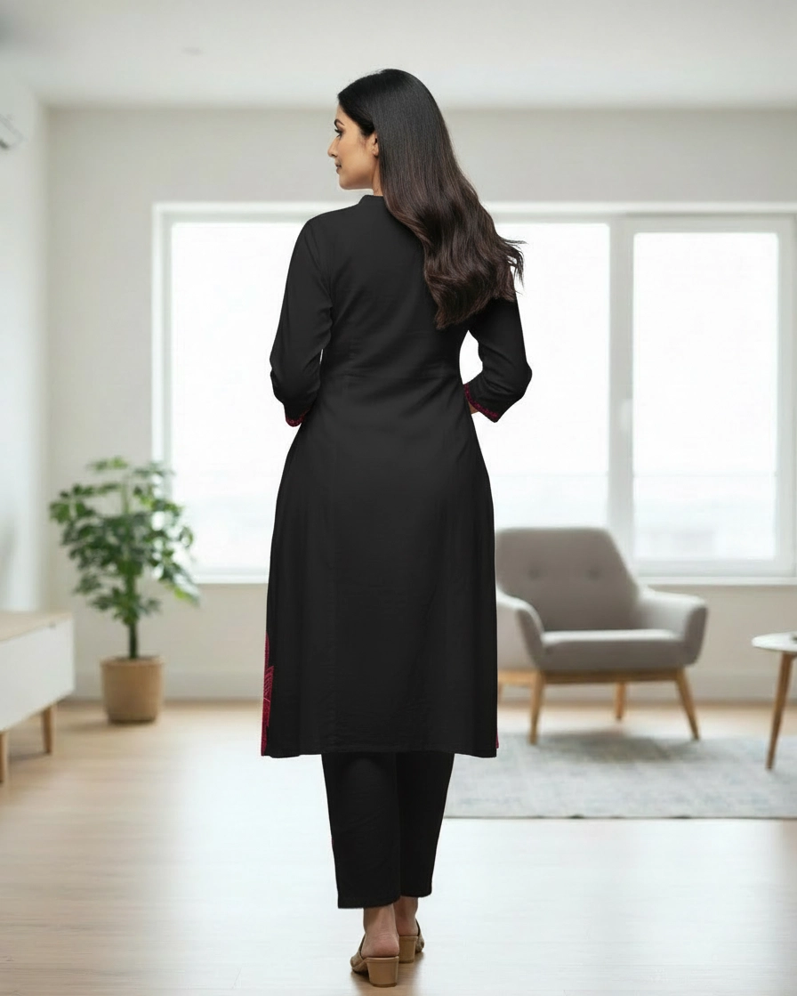 Black Floral Printed Kurti Pant Set for Women - Image 3