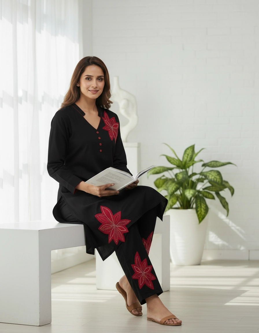 Black Floral Printed Kurti Pant Set for Women